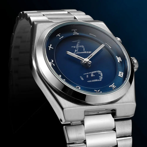 FORM 00¥ by CHRONOFORM — analog-digital watch with deep blue dial and Chinese numeral-inspired markers
