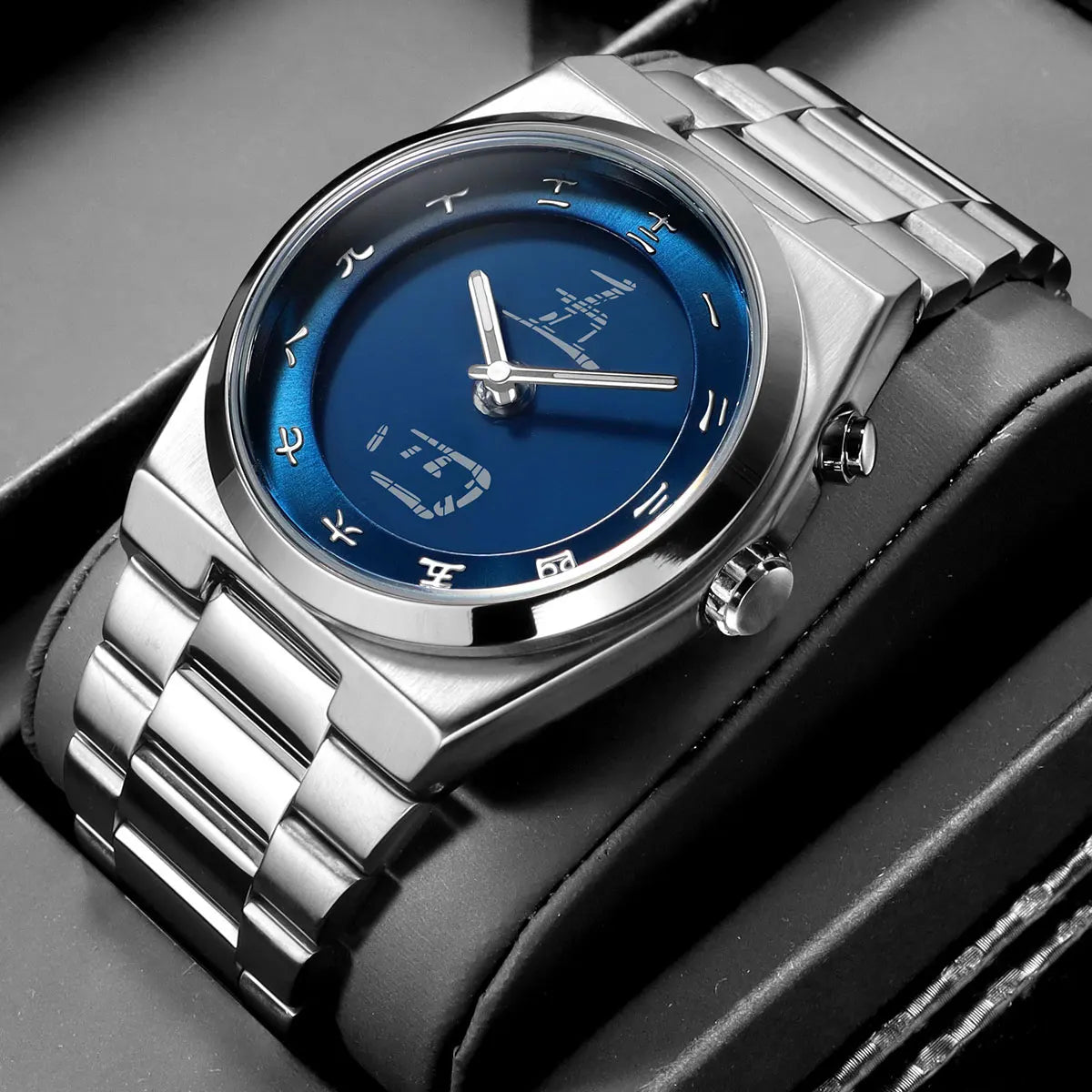 FORM 00¥ by CHRONOFORM — analog-digital watch with deep blue dial and Chinese numeral-inspired markers