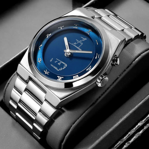 FORM 00¥ by CHRONOFORM — analog-digital watch with deep blue dial and Chinese numeral-inspired markers