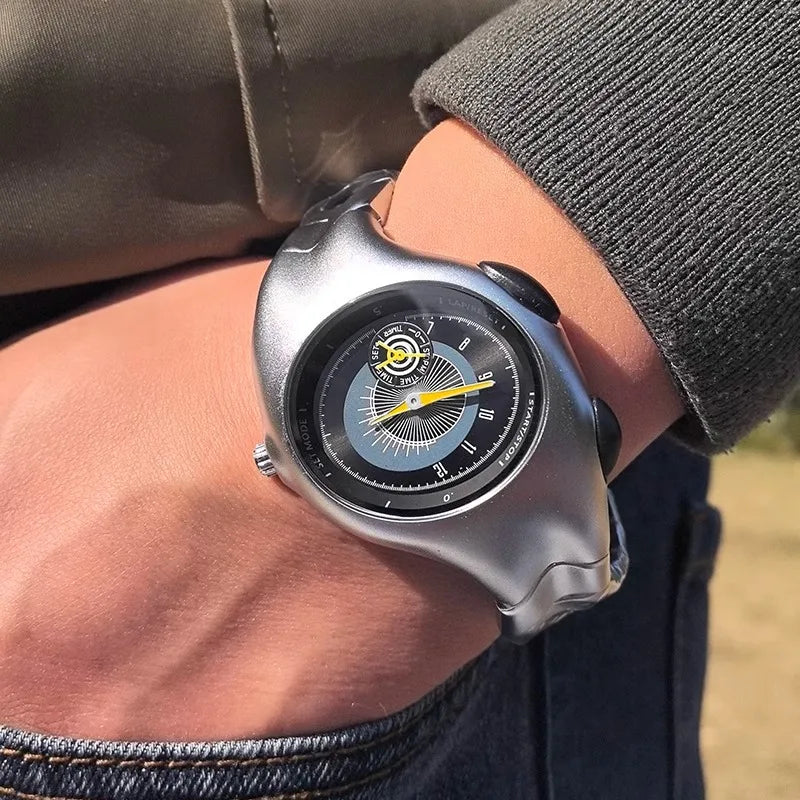 FORM TR!AX by CHRONOFORM — irregular sculpted alloy case with numberless dial and stainless steel bracelet