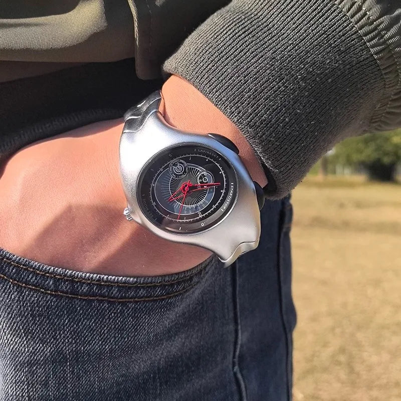 FORM TR!AX by CHRONOFORM — irregular sculpted alloy case with numberless dial and stainless steel bracelet